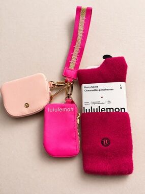 Lululemon socks Pink Accessories Bundle 💕 Wristlet + Coin Pouch  Fuzzy Socks NWT